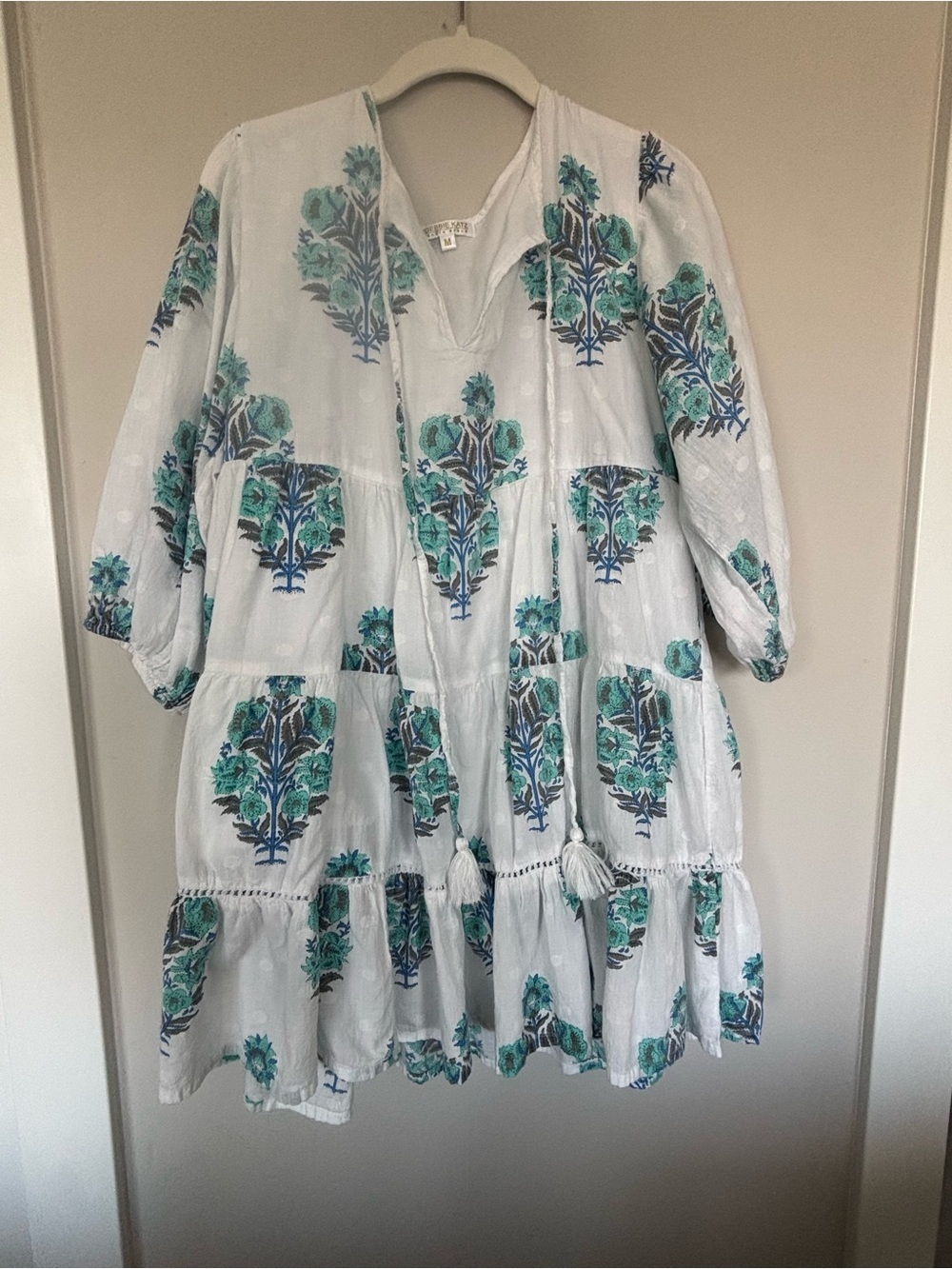 Debbie Katz Boho Floral Tiered Tunic Dress in Teal and White